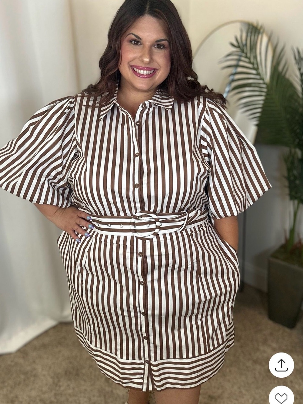 City Chic Brown & White Striped Belted Shirt Dress